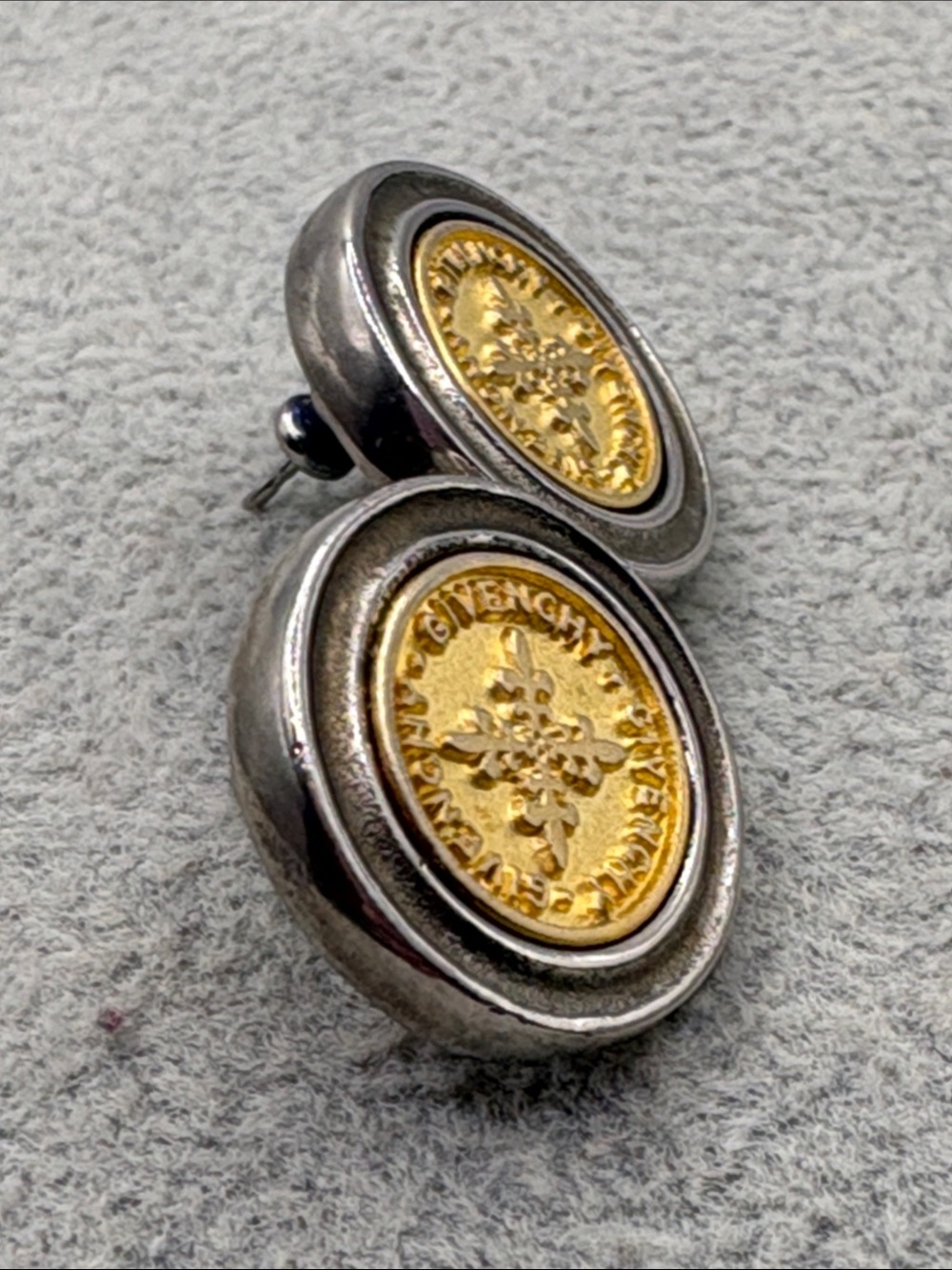 Givenchy Two-Tone Coin Logo Stud Crest Earrings - Gold & Silver 1” - Picture 4 of 6